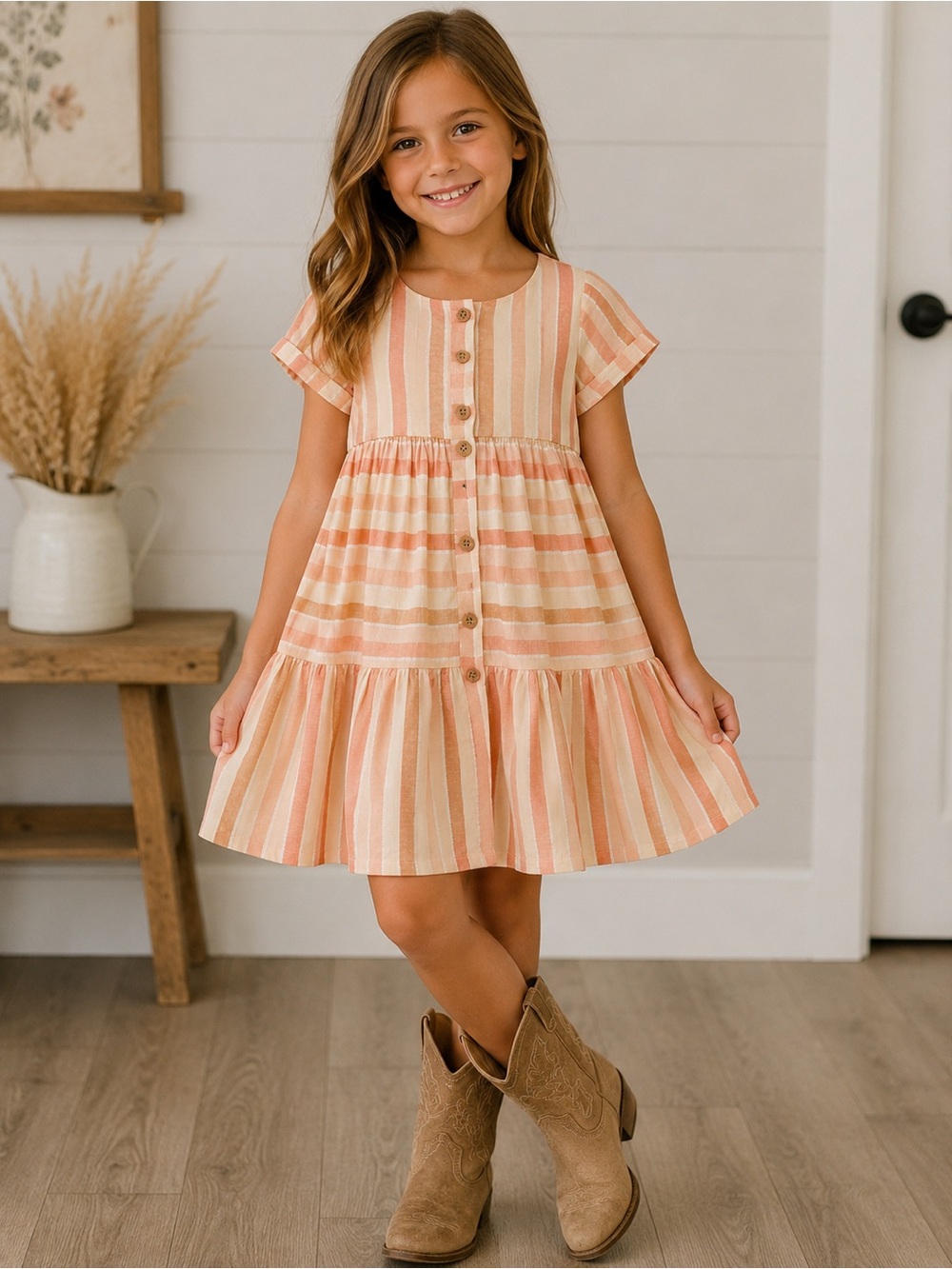 NWT Happily Grey Kids Girls Size 7 Peach Striped Tiered Button Dress